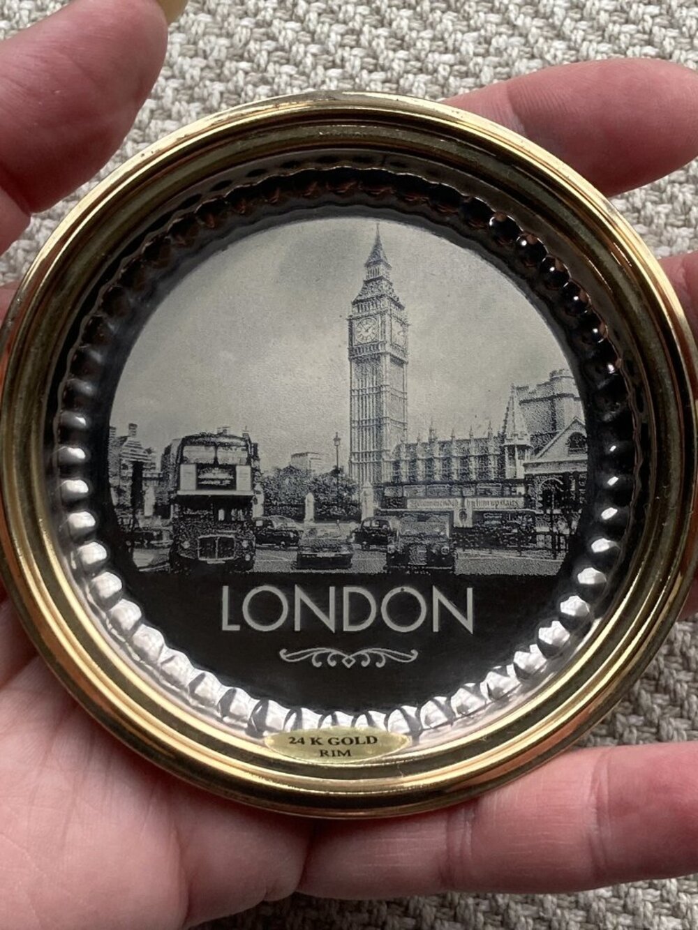 Vintage London Souvenir Metal Coaster, 24K Gold Rim, Big Ben, England, 3.5" dia.